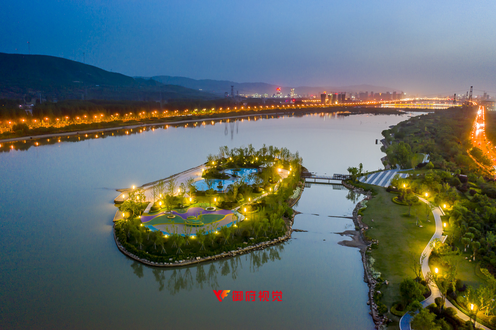 河南洛阳,洛水,河心岛,露天游泳馆,航拍摄影
